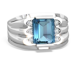 Blue Topaz Men's 9X7mm Emerald-Cut 14K White Gold ring R1835