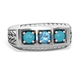 Blue Topaz Three Stone Tire Tread Men's 14K White Gold ring R0520