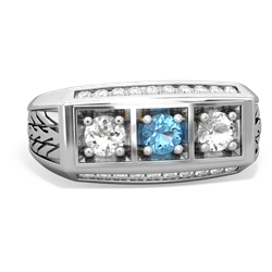 Blue Topaz Three Stone Tire Tread Men's 14K White Gold ring R0520