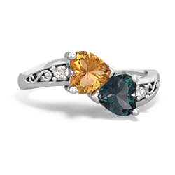 Citrine Snuggling Hearts 14K White Gold ring R2178