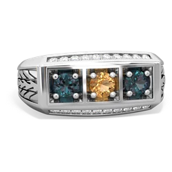 Citrine Three Stone Tire Tread Men's 14K White Gold ring R0520