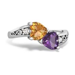 Citrine Snuggling Hearts 14K White Gold ring R2178