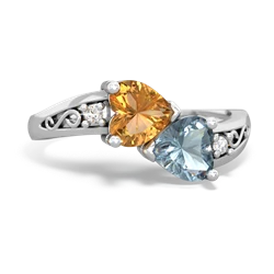 Citrine Snuggling Hearts 14K White Gold ring R2178