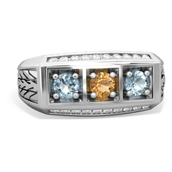 Citrine Three Stone Tire Tread Men's 14K White Gold ring R0520