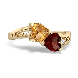 Citrine Snuggling Hearts 14K Yellow Gold ring R2178