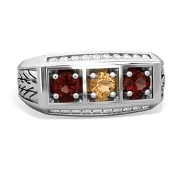 Citrine Three Stone Tire Tread Men's 14K White Gold ring R0520