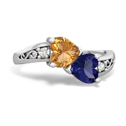 Citrine Snuggling Hearts 14K White Gold ring R2178