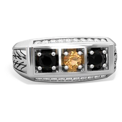 Citrine Three Stone Tire Tread Men's 14K White Gold ring R0520