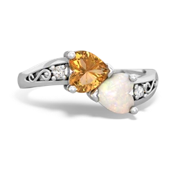 Citrine Snuggling Hearts 14K White Gold ring R2178