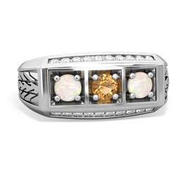 Citrine Three Stone Tire Tread Men's 14K White Gold ring R0520