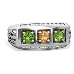 Citrine Three Stone Tire Tread Men's 14K White Gold ring R0520