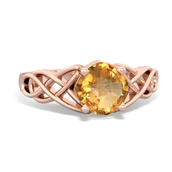 Citrine Checkerboard Cushion Celtic Knot 14K Rose Gold ring R5000