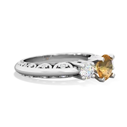 Citrine Art Deco Diamond 6Mm Round Engagment 14K White Gold ring R2003
