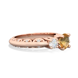 Citrine Art Deco Diamond 6Mm Round Engagment 14K Rose Gold ring R2003