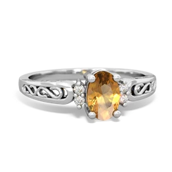 Citrine Filligree Scroll Oval 14K White Gold ring R0812