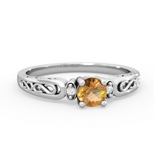 Citrine Filligree Scroll Round 14K White Gold ring R0829