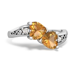 Citrine Snuggling Hearts 14K White Gold ring R2178