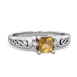 Citrine Filligree Scroll Square 14K White Gold ring R2430