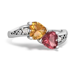 Citrine Snuggling Hearts 14K White Gold ring R2178