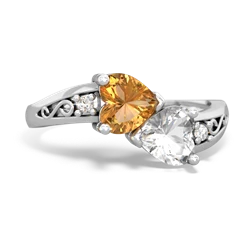 Citrine Snuggling Hearts 14K White Gold ring R2178