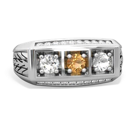 Citrine Three Stone Tire Tread Men's 14K White Gold ring R0520