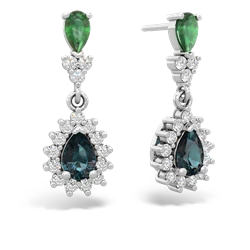 Emerald Halo Pear Dangle 14K White Gold earrings E1882