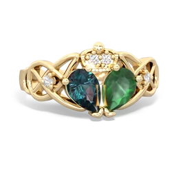 Emerald 'One Heart' Celtic Knot Claddagh 14K Yellow Gold ring R5322