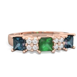 Emerald Three Stone Diamond Cluster 14K Rose Gold ring R2592