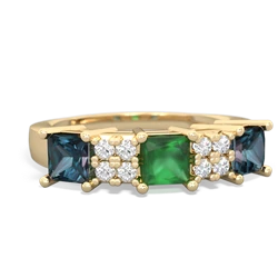 Emerald Three Stone Diamond Cluster 14K Yellow Gold ring R2592