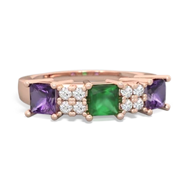 Emerald Three Stone Diamond Cluster 14K Rose Gold ring R2592