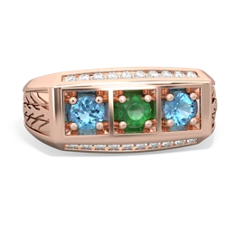 Emerald Three Stone Tire Tread Men's 14K Rose Gold ring R0520