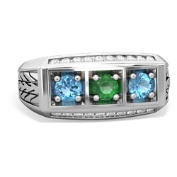 Emerald Three Stone Tire Tread Men's 14K White Gold ring R0520