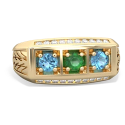 Emerald Three Stone Tire Tread Men's 14K Yellow Gold ring R0520