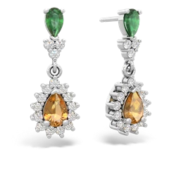 Emerald Halo Pear Dangle 14K White Gold earrings E1882