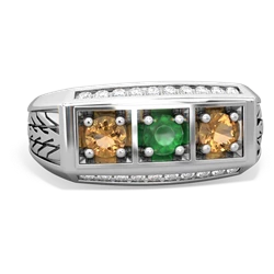 Emerald Three Stone Tire Tread Men's 14K White Gold ring R0520