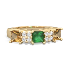 Emerald Three Stone Diamond Cluster 14K Yellow Gold ring R2592