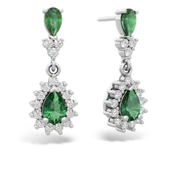 Emerald Halo Pear Dangle 14K White Gold earrings E1882