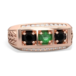 Emerald Three Stone Tire Tread Men's 14K Rose Gold ring R0520