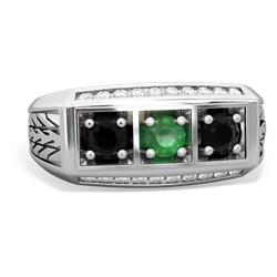 Emerald Three Stone Tire Tread Men's 14K White Gold ring R0520