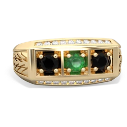 Emerald Three Stone Tire Tread Men's 14K Yellow Gold ring R0520