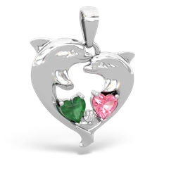 Emerald Dolphin Heart 14K White Gold pendant P5820