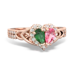 Emerald Celtic Knot Two Hearts As One 14K Rose Gold ring R2644HRT