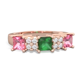 Emerald Three Stone Diamond Cluster 14K Rose Gold ring R2592