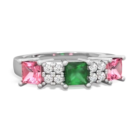 Emerald Three Stone Diamond Cluster 14K White Gold ring R2592