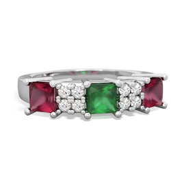 Emerald Three Stone Diamond Cluster 14K White Gold ring R2592