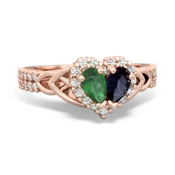 Emerald Celtic Knot Two Hearts As One 14K Rose Gold ring R2644HRT