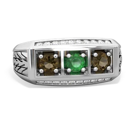 Emerald Three Stone Tire Tread Men's 14K White Gold ring R0520