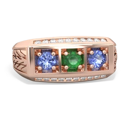 Emerald Three Stone Tire Tread Men's 14K Rose Gold ring R0520