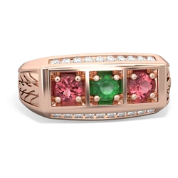 Emerald Three Stone Tire Tread Men's 14K Rose Gold ring R0520