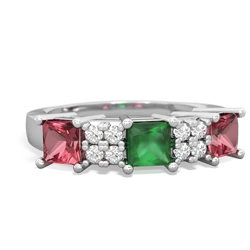 Emerald Three Stone Diamond Cluster 14K White Gold ring R2592